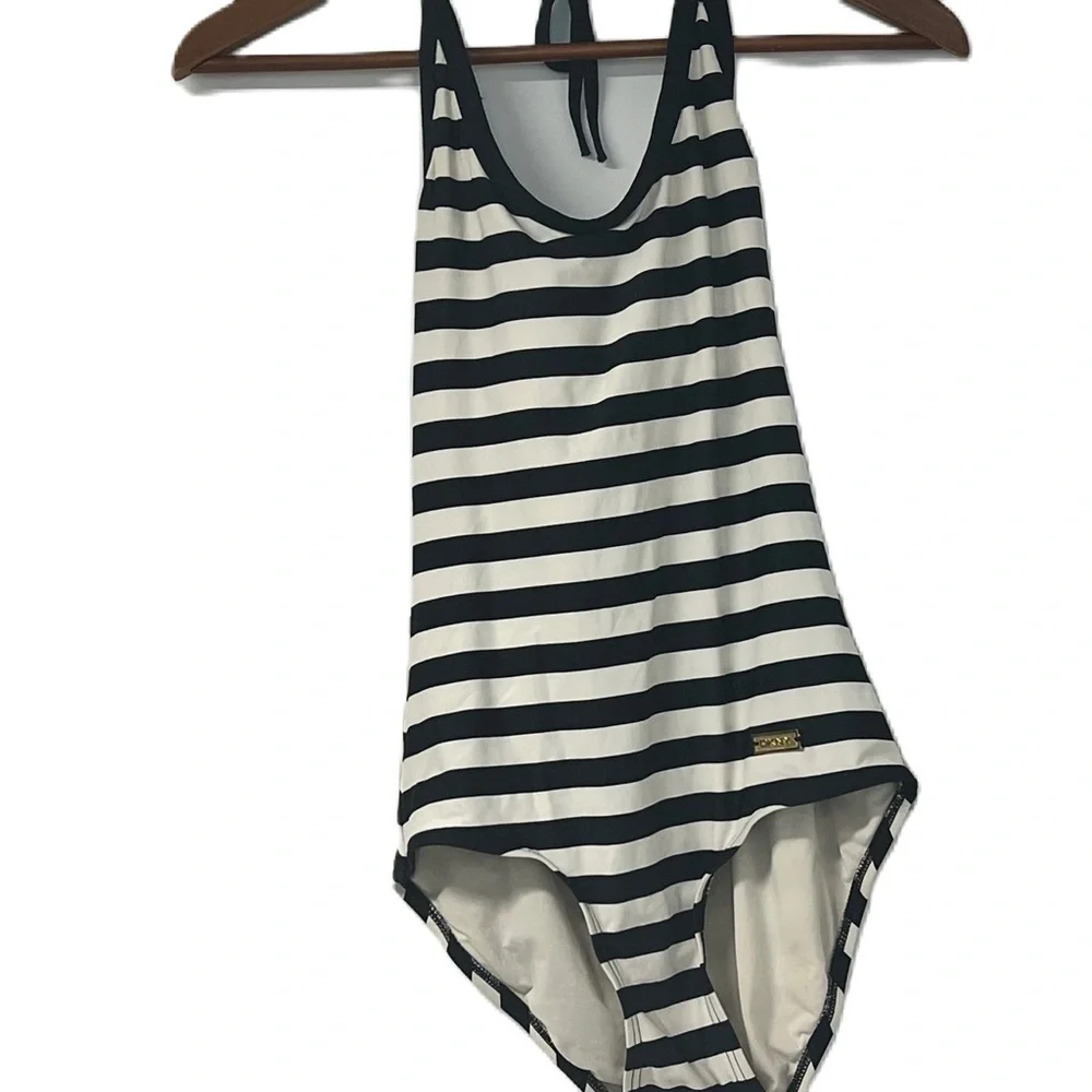 DKNY woman’s halter one piece black and white striped size 6 bathing suit - Picture 1 of 8